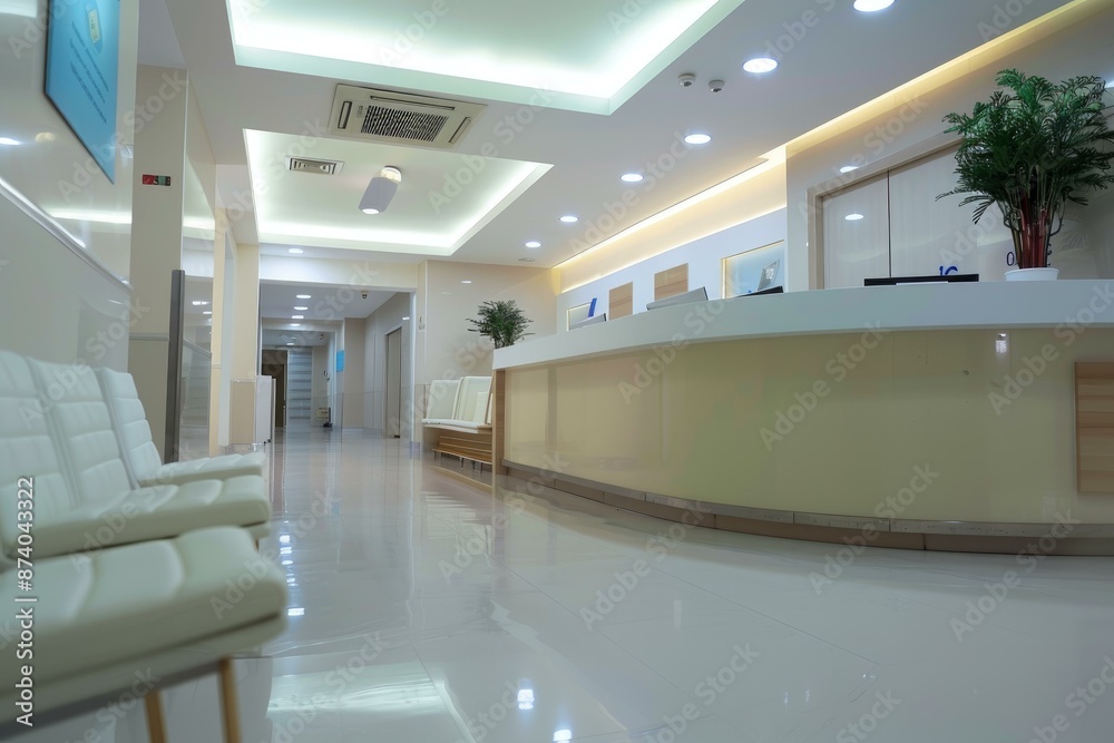 Fototapeta premium Empty, clean hospital reception with seating and a corridor in the background