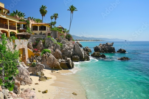 Scenic view of a tranquil beach resort with crystalclear waters and rocky coastline