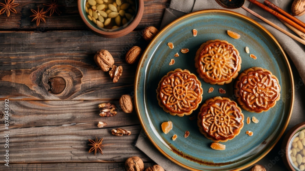 Mooncakes with Nuts and Seeds on a Ceramic Plate for Autumn Festive Dining Mooncakes with Nuts and Seeds on a Ceramic Plate for Autumn Festive Dining