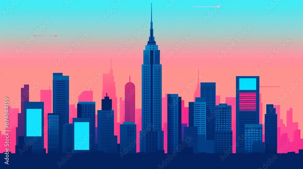Obraz premium Illustrate a high-tech city skyline with futuristic skyscrapers and digital billboards, capturing the dynamic energy of urban life in a technologically advanced society. Illustration, Image, ,