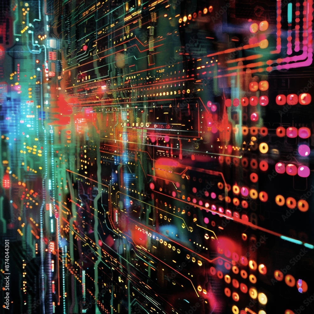 Fototapeta premium Futuristic Abstract Digital Board with Multicolor Data Streams and Dynamic Elements