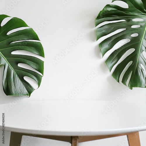 Photo realistic white table in the center for product presentation with monstera plants aside
