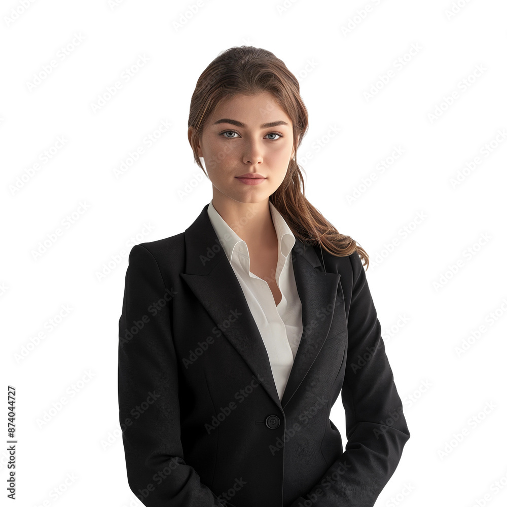 Poised Young Businesswoman in Black Suit, isolated on transparent background. Poised Young Businesswoman in Black Suit, isolated on transparent background.