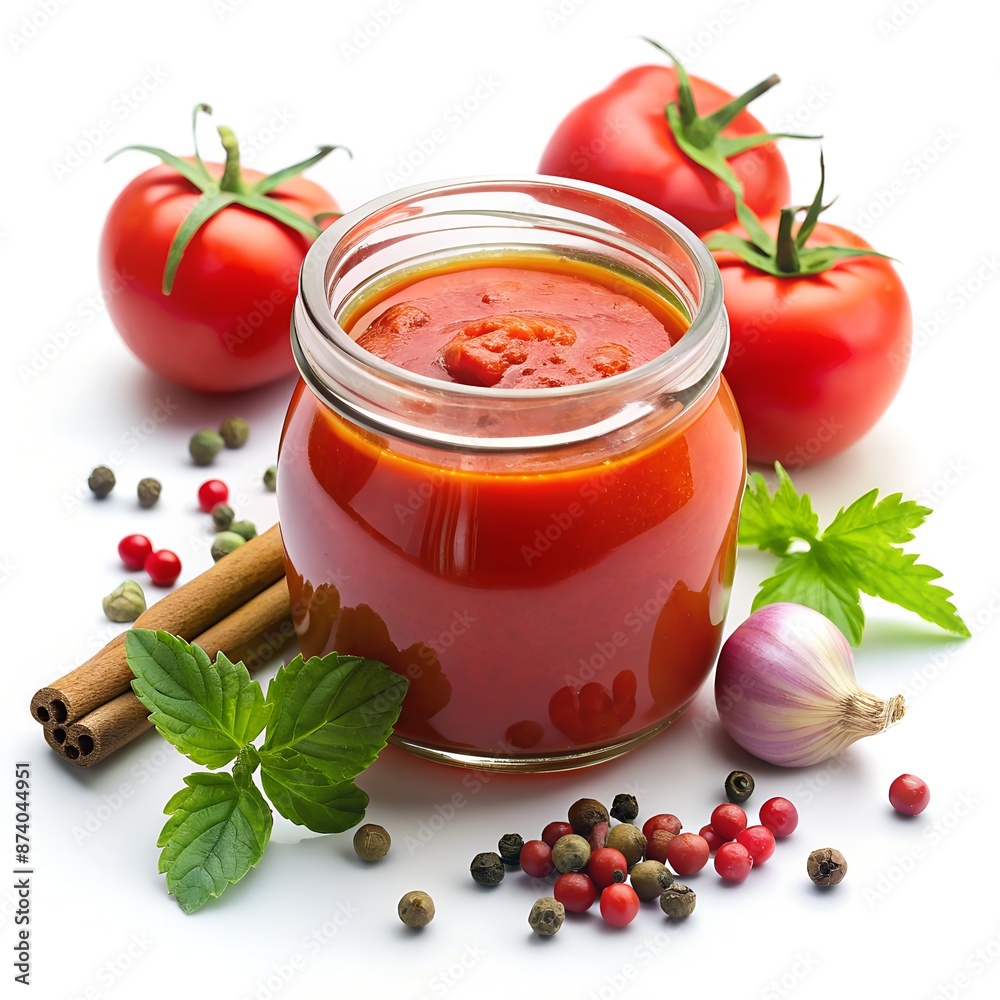 Tomato Puree Jar with Spices Isolated White Background Tomato Puree Jar with Spices Isolated White Background