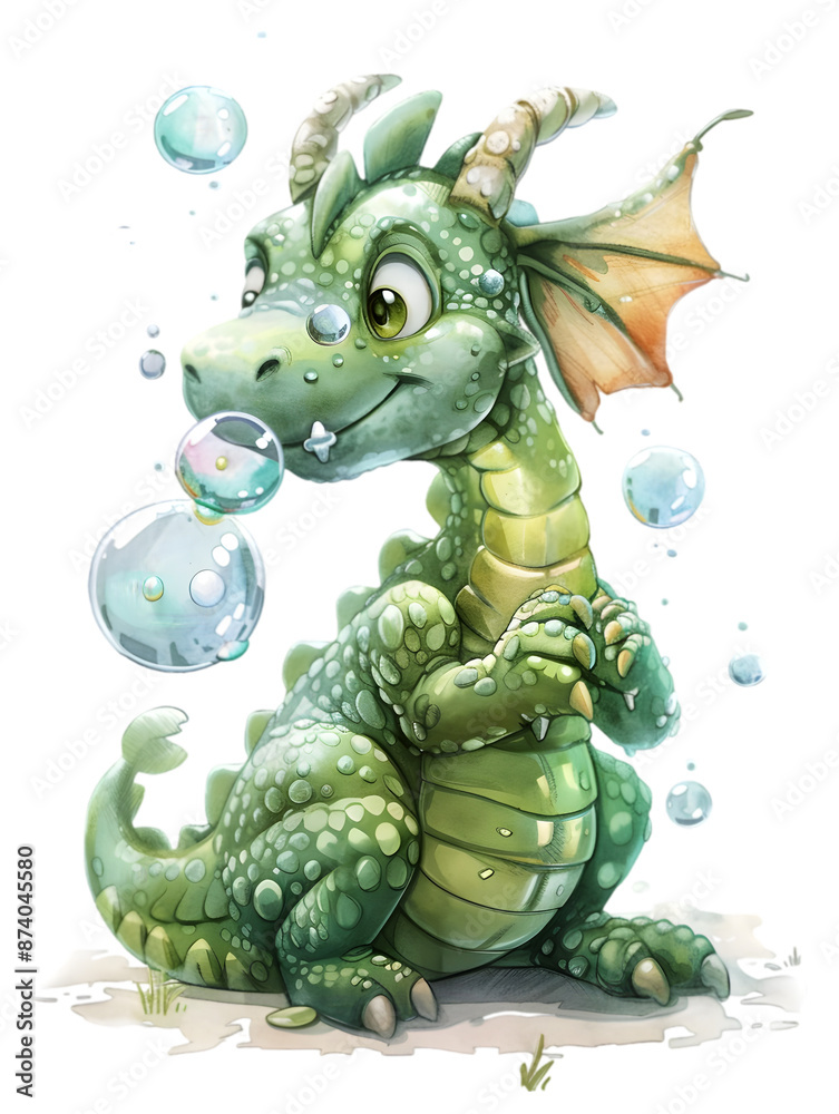 Fototapeta premium A chubby dragon blowing bubbles on a white background.