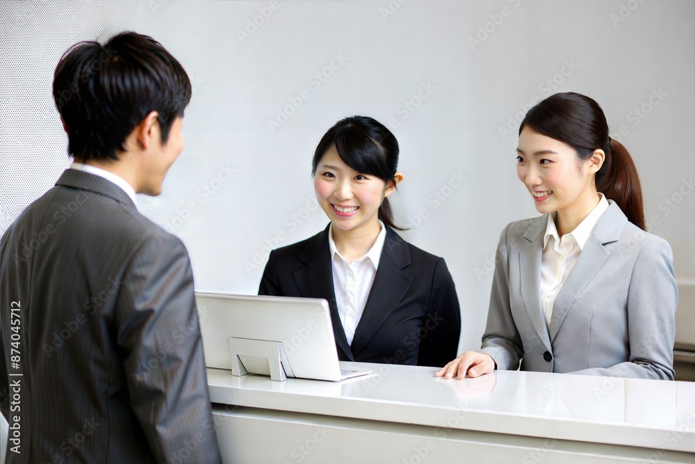 Asian customer service representative assisting clients at bank counter
Asian customer service representative assisting clients at bank counter