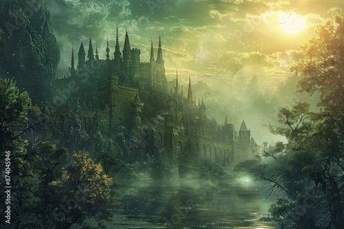 Mystical castle amidst an ancient forest under a warm sunset glow, with ethereal mists and ambiance