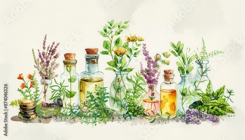 Watercolor illustration of various medicinal herbs and essential oils in glass bottles with cork stoppers, perfect for holistic themes.