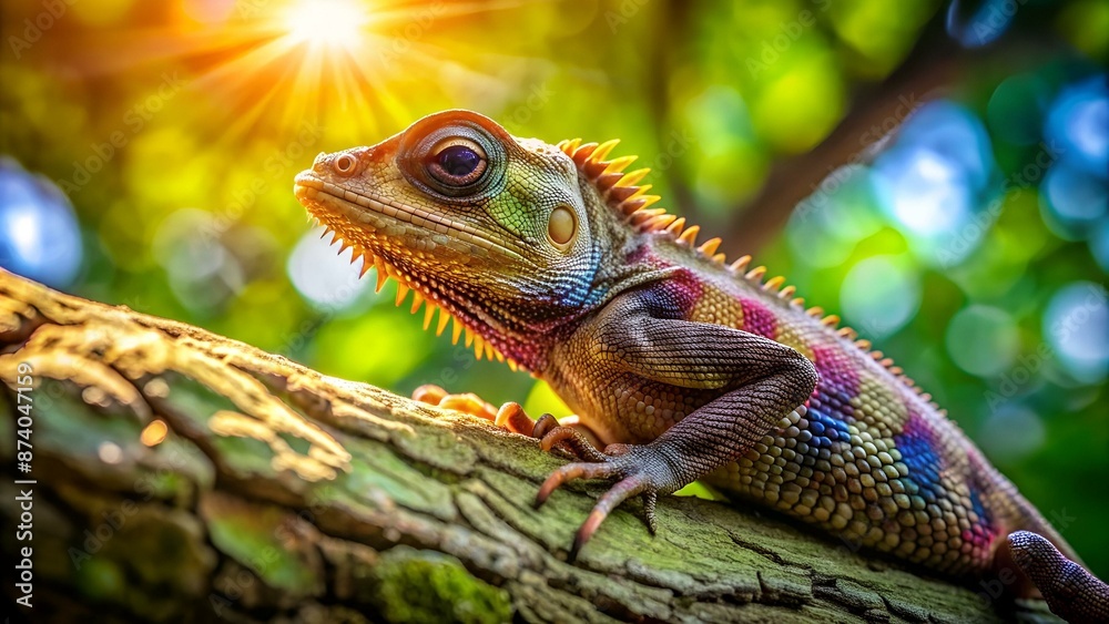 Tree lizard or chameleon on tip of tree with sun light Tree lizard or chameleon on tip of tree with sun light