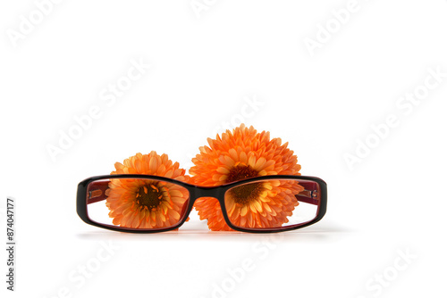 Vision glasses with two different sized orange colors behind the lenses on a white background. Copy space. photo