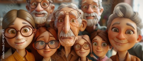 Animated family portrait showcasing multiple generations together, highlighting strong familial bonds and love, perfect for backgrounds or stories.