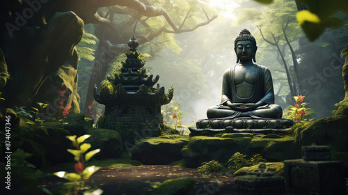 Buddha statue in the forest. 3d render illustration., generative ai © Fang