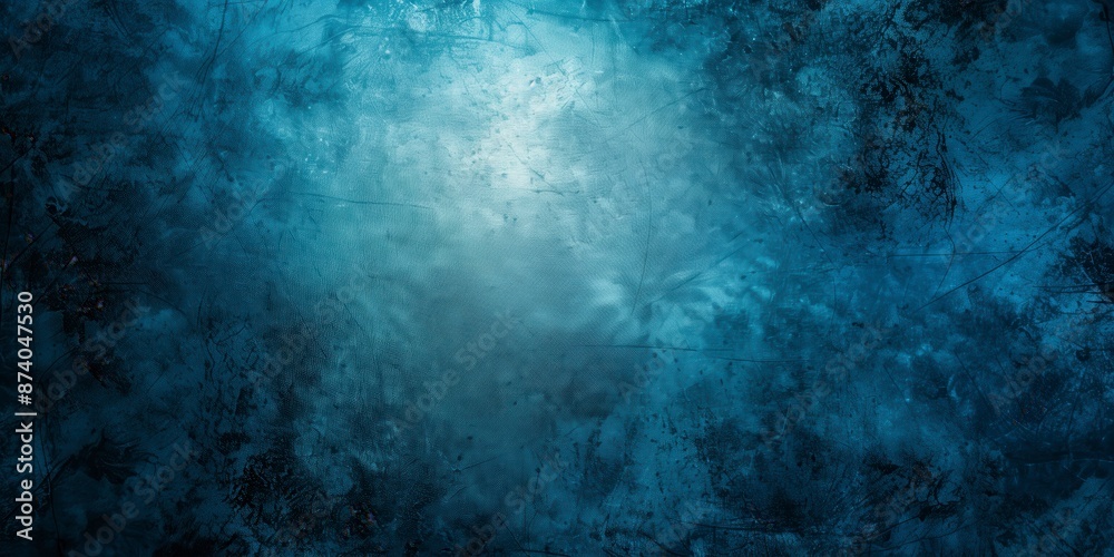 Obraz premium Abstract blue background with bright center spotlight and dark vignette border frame with vintage grunge background texture.