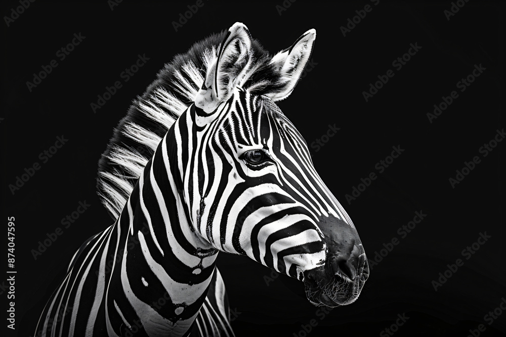 Fototapeta premium Black and white zebra portrait on black background, silhouette of majestic animal, wildlife photography, vector illustration. Black & white zebra on isolated background