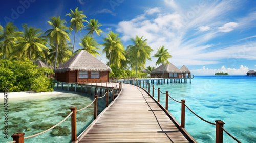 tropical beach with water bungalows and coconut palm trees., generative ai © Fang