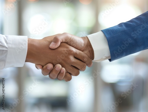 Closeup of handshake between two businessmen. Sharp focus on interlocked hands, office environment blurred beyond. Photographed with Fujifilm GFX 100S, 110mm f/2 lens, shallow depth of field. 