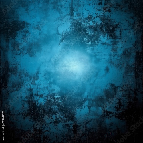 Abstract blue background with bright center spotlight and dark vignette border frame with vintage grunge background texture. © Vincent