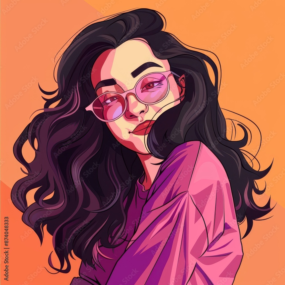Vibrant cartoon of a woman in a pink shirt with dark purple and light orange hues. Perfect for social media, animation, or celebrity portraits. Vibrant cartoon of a woman in a pink shirt with dark purple and light orange hues. Perfect for social media, animation, or celebrity portraits.