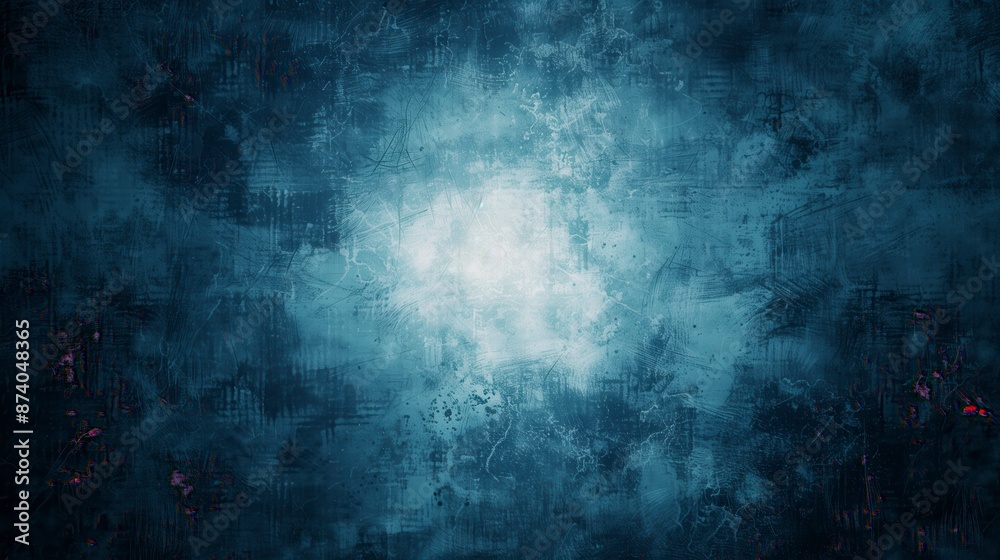 Abstract blue background with bright center spotlight and dark vignette border frame with vintage grunge background texture.