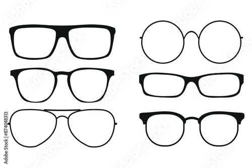 Glasses silhouette. Sun glasses hipster frame set, fashion black plastic rims, round geek style retro nerd glasses. 