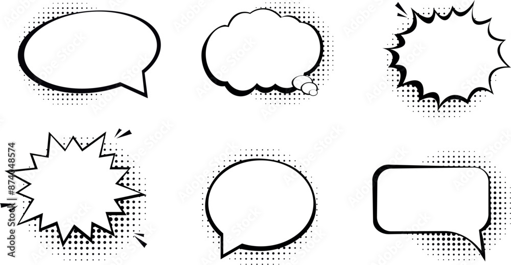 Collection of empty comic speech bubbles with halftone shadows. Hand drawn retro cartoon stickers. Pop art style. Vector illustration.