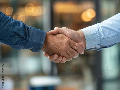 Closeup of handshake between two businessmen. Sharp focus on interlocked hands, office environment blurred beyond. Photographed with Fujifilm GFX 100S, 110mm f/2 lens, shallow depth of field. 