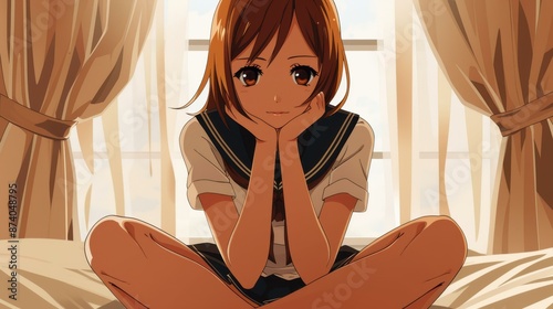 Illustration of a demure high school girl in Japanese anime style sitting on a bed in her school uniform.