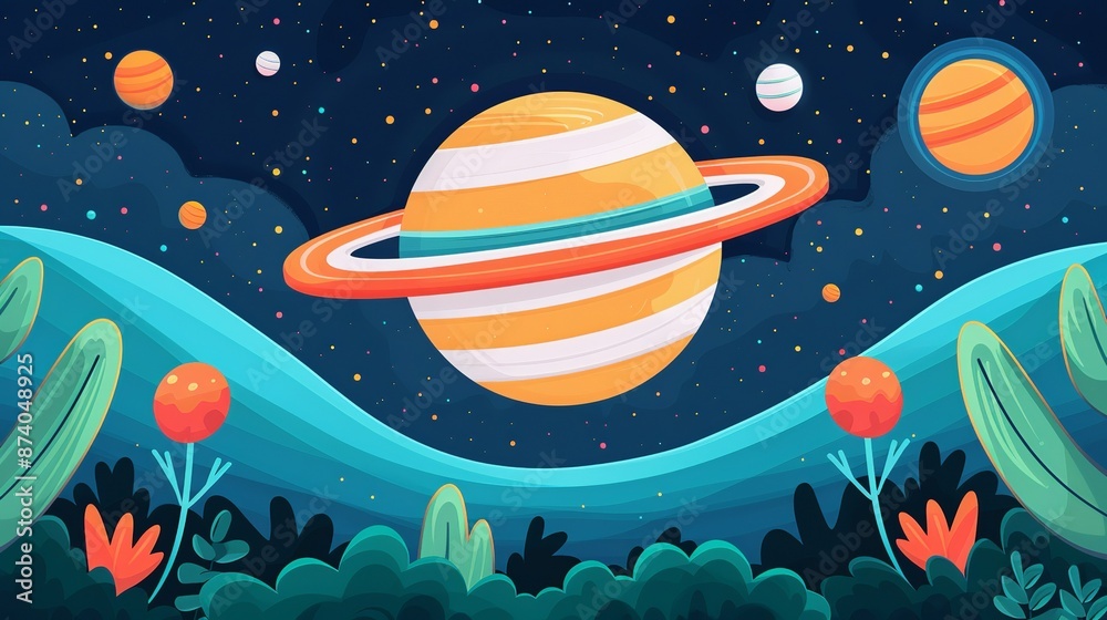 Naklejka premium Illustrate the principles of space exploration and astronomy through artistic expressions, visualizing spacecraft, planets, and cosmic phenomena. Illustration, Image, , Minimalism,