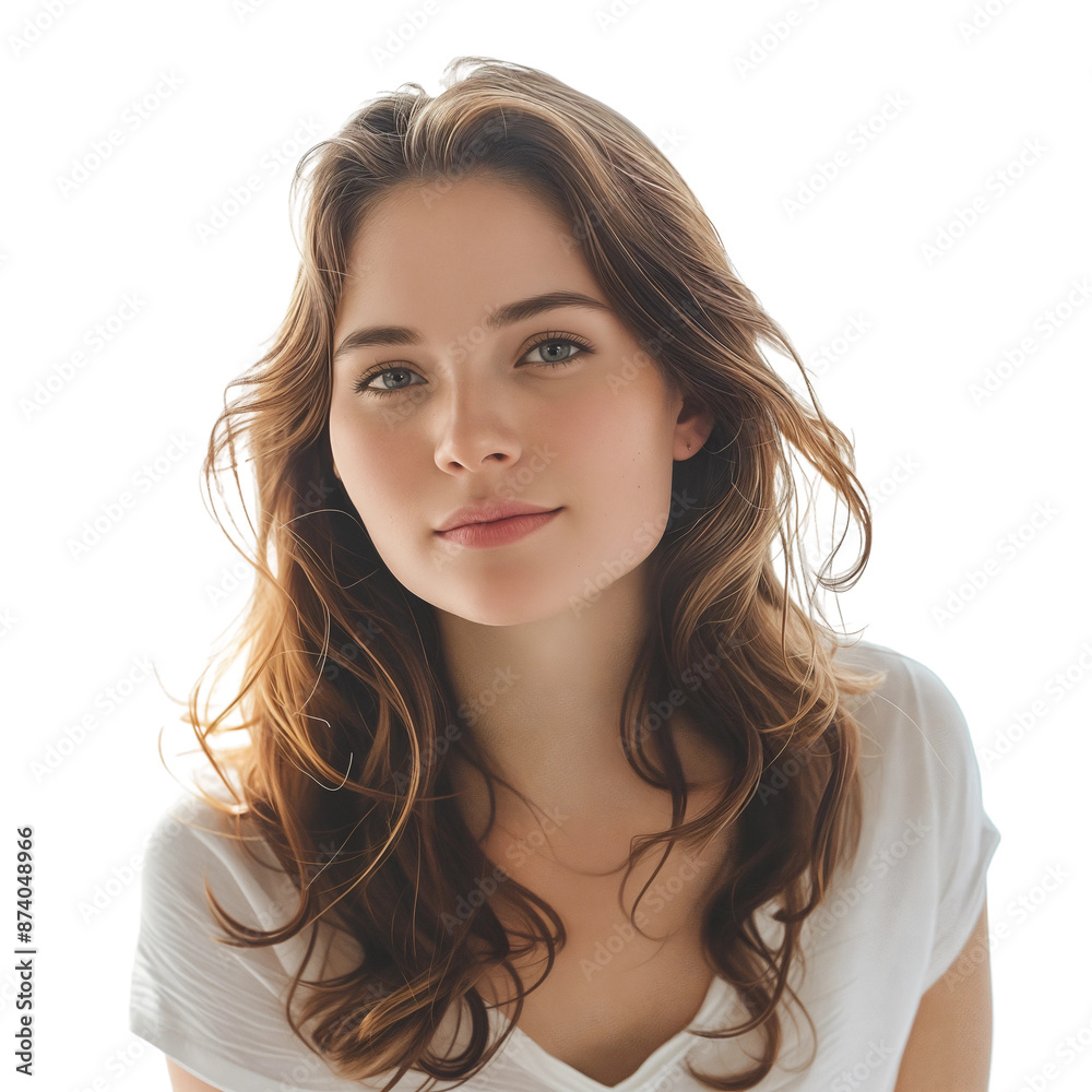Woman with Wavy Hair and White Shirt, isolated on transparent background.