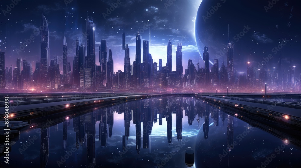 a city with a reflection of a city in the water. a city with a reflection of a city in the water.
