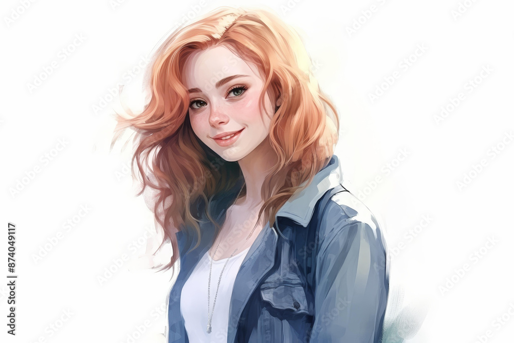 Watercolor style illustration of a smiling college girl in jeans, showcasing her beautiful face, isolated on a background. Watercolor style illustration of a smiling college girl in jeans, showcasing her beautiful face, isolated on a background.