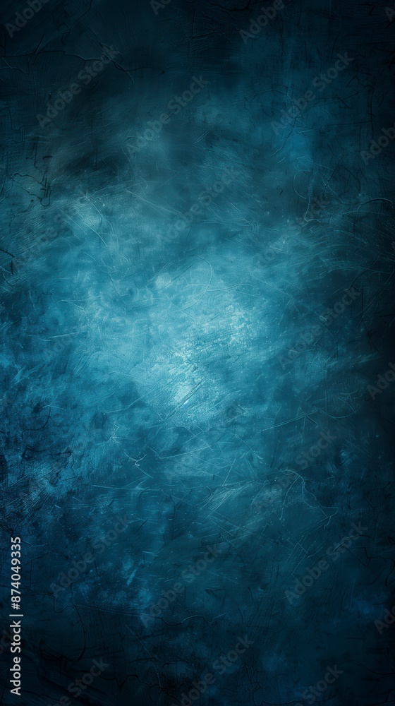 Abstract blue background with bright center spotlight and dark vignette border frame with vintage grunge background texture.