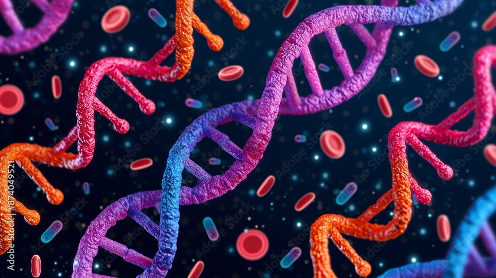 Depict the principles of genetics and genomics through artistic expressions, showcasing DNA, genes, chromosomes, and genetic variation. Illustration, Image, , Minimalism,