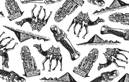 Graphical wallpaper design with Egypt symbols, tourism. Vector illustration	