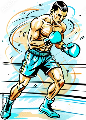 Boxer in Motion: Agility and Power in the Ring, ideal for sports magazines, boxing training materials, promotional materials for boxing gyms, or content about combat sports strategies.
