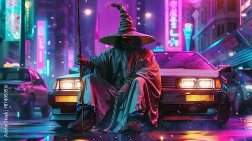 A wizard in a large hat with a staff, sitting on the hood of a cyberpunk car, synthwave scene photo