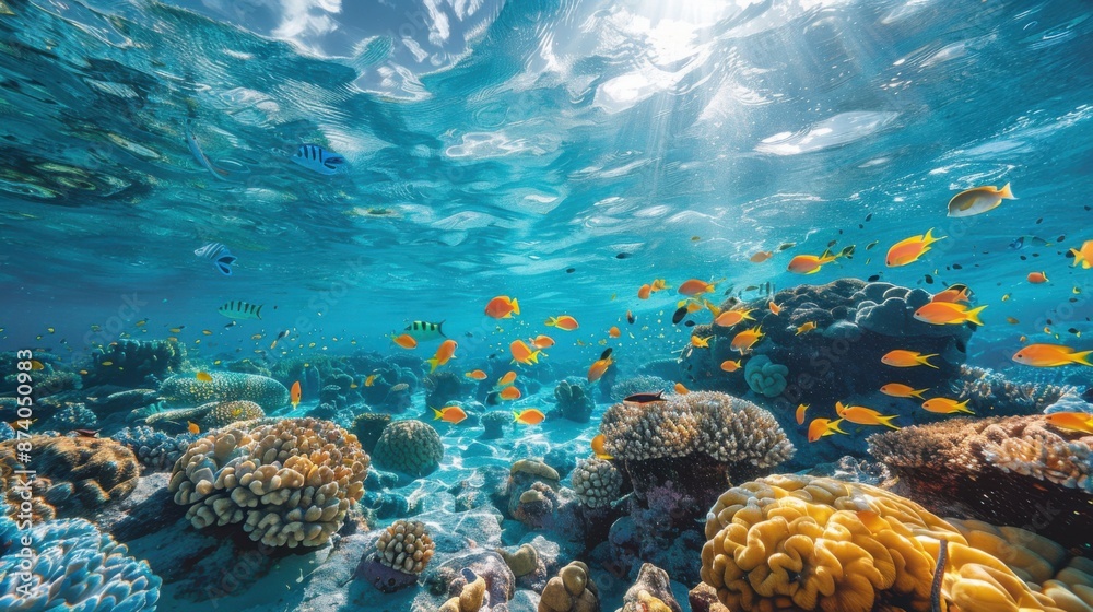 Obraz premium Underwater Oasis: Stunning Coral Reef with Tropical Fish in Crystal-Clear Waters
