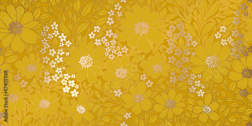 Bronze Metallic Foiled Contour Flowers and Leaves on Golden Yellow Background. Luxurious Art Deco Wallpaper Design for Print, Poster, Cover, Banner, Invitation, Package, Beauty Products.