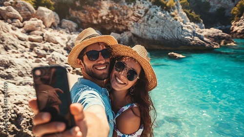 Fototapeta Naklejka Na Ścianę i Meble -  Lovers take selfies against the backdrop of the sea. selective focus. Generative Ai,