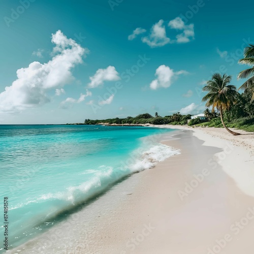 Tropical Beach Paradise with Palm Trees and Ocean. © Yauhen Kruchanau