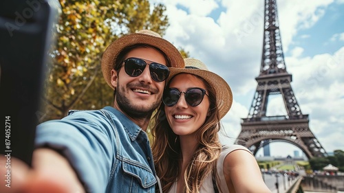 Young couple takes a selfie against the backdrop of the Eiffel Tower. selective focus. Generative AI, © Milena