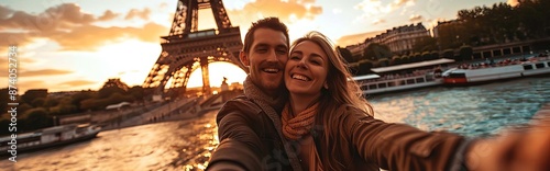 Young couple takes a selfie against the backdrop of the Eiffel Tower. selective focus. Generative AI,