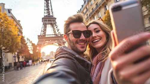 Young couple takes a selfie against the backdrop of the Eiffel Tower. selective focus. Generative AI,