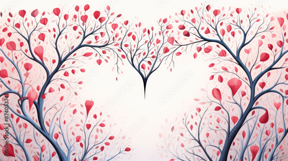 Romantic background with heart-shaped branches and leaves., generative ai
