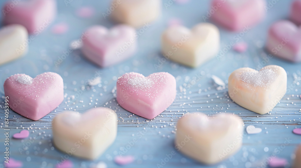 Obraz premium Valentine's Day background adorned with pastel hearts, creating a charming and romantic atmosphere for festive designs.