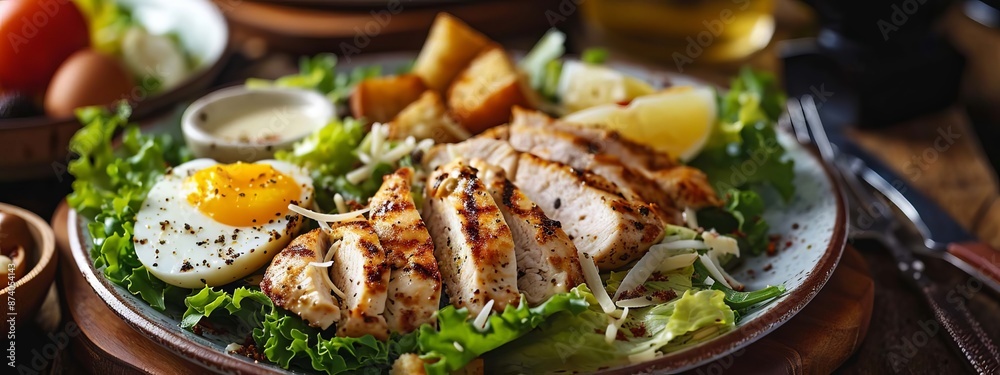 Caesar salad on a plate. selective focus. Generative AI, Caesar salad on a plate. selective focus. Generative AI,