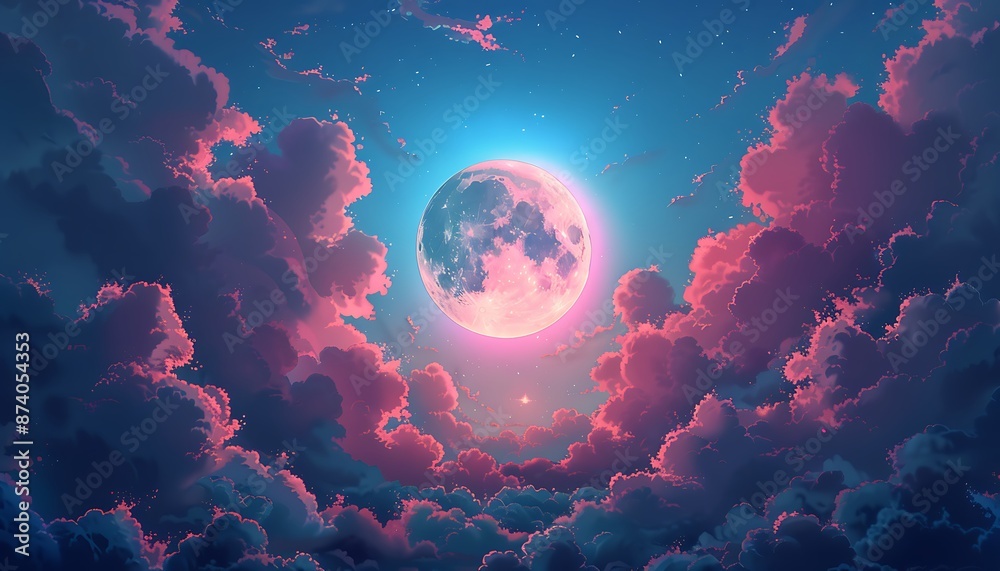 Dreamy clouds in hues of pink and blue surround a radiant moon, captured with perfect detail in a fantasy anime illustration. Dreamy clouds in hues of pink and blue surround a radiant moon, captured with perfect detail in a fantasy anime illustration.
