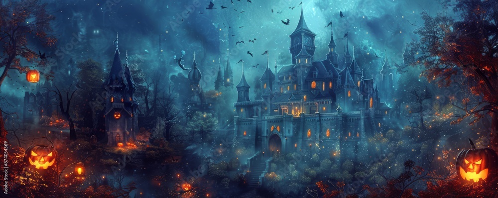 Eerie haunted castle with glowing jack-o'-lanterns, surrounded by foggy forest and ominous atmosphere under a spooky night sky. Eerie haunted castle with glowing jack-o'-lanterns, surrounded by foggy forest and ominous atmosphere under a spooky night sky.