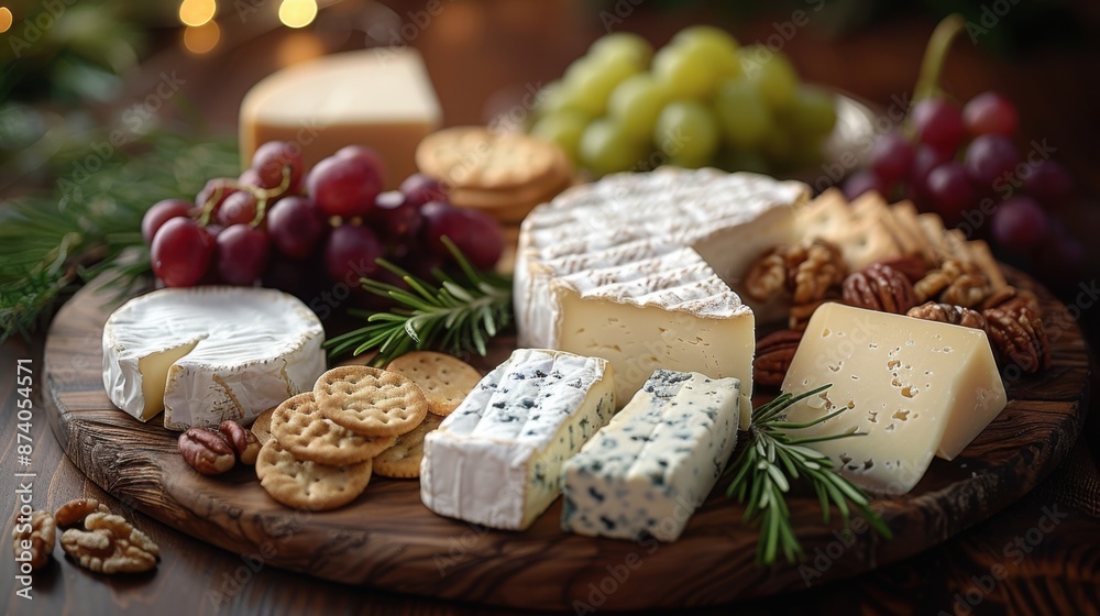 Exquisite Selection of Artisanal Cheeses with Garnishes on Wooden Cheese Board Exquisite Selection of Artisanal Cheeses with Garnishes on Wooden Cheese Board