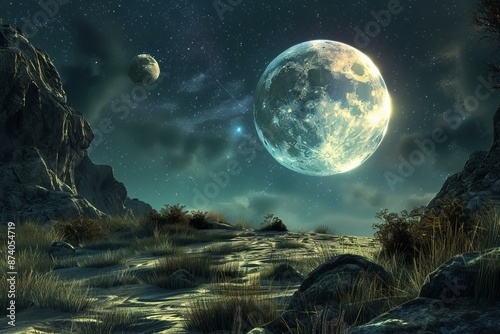 Surreal landscape featuring a large moon rising above a serene nocturnal scene with rocky terrain photo